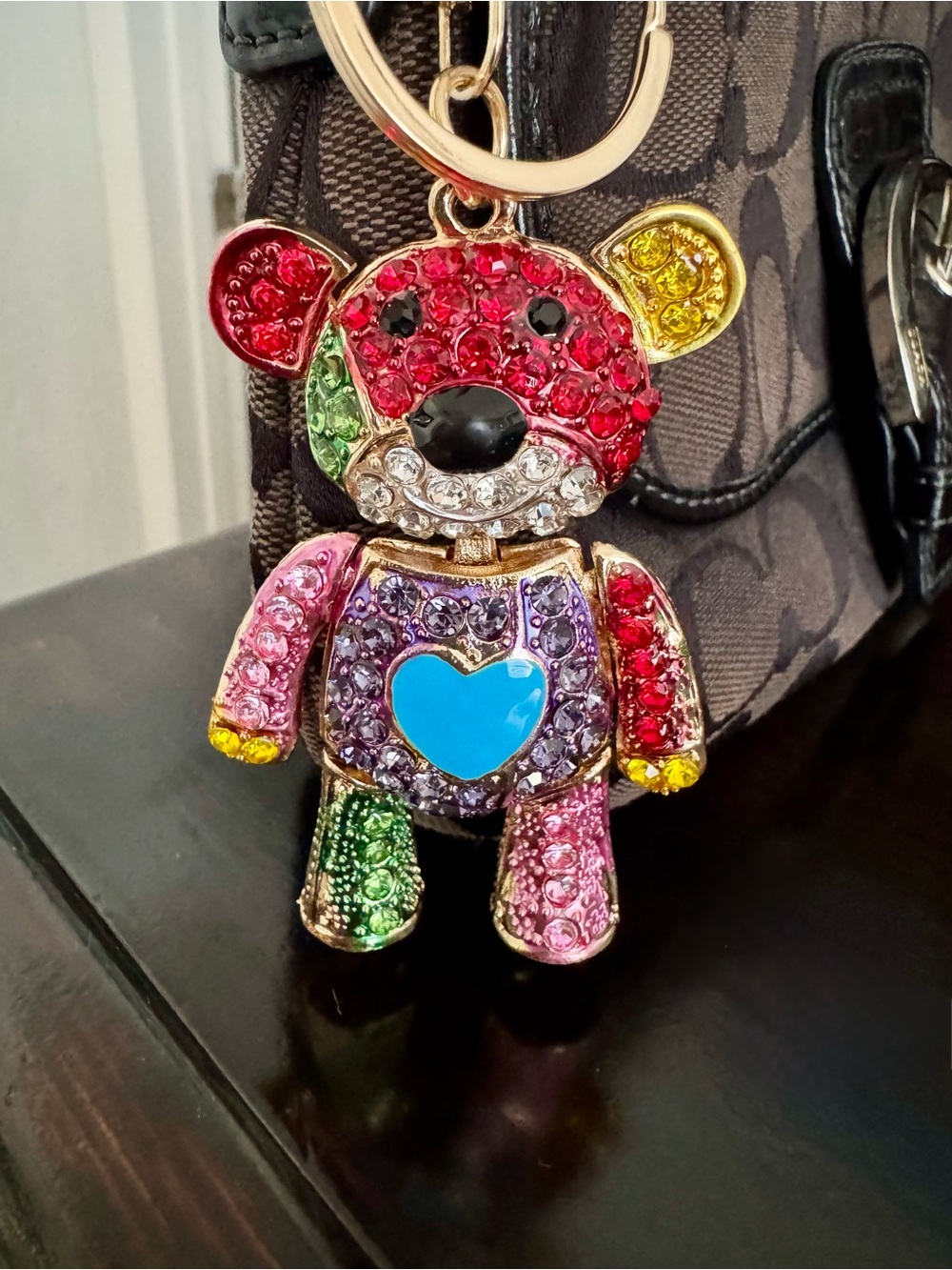 Large 5” Rainbow Crystal Movable Teddy Bear Blue Heart Purse Charm NWOT - Picture 1 of 4
